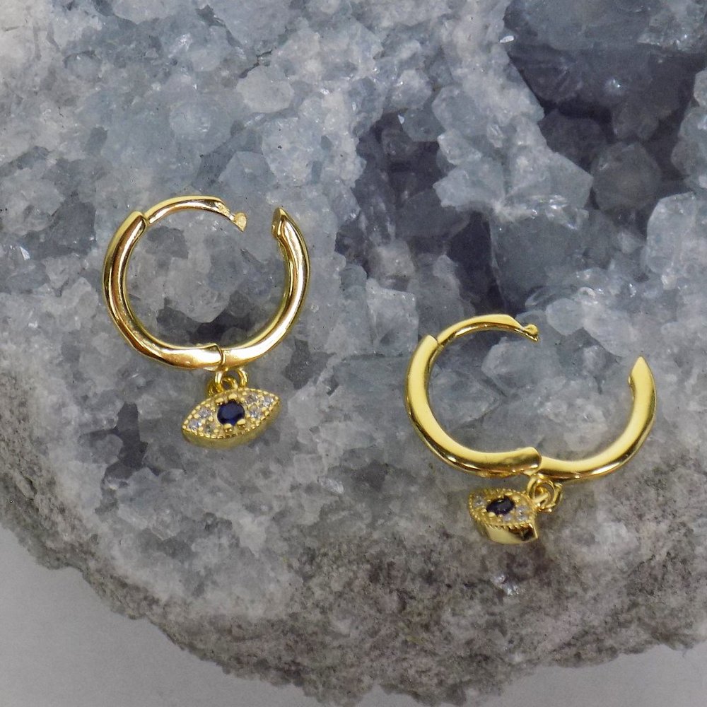 evil eye dainty delicate hoops huggies pave CZ - Picture 7 of 10